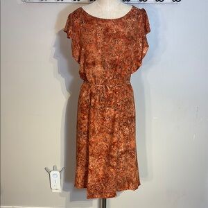 Casual Brown and Orange Midi Sundress with Flutter Sleeves in whimsical pattern